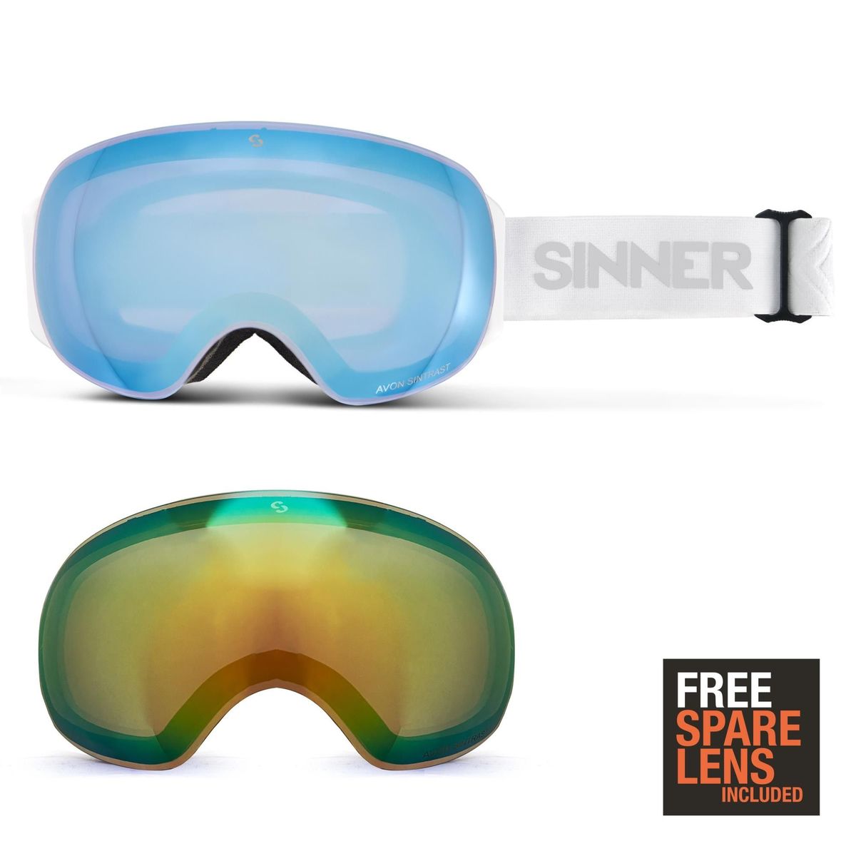 Sinner AVON skibril mat wit/blauw + extra oranje S1 lens