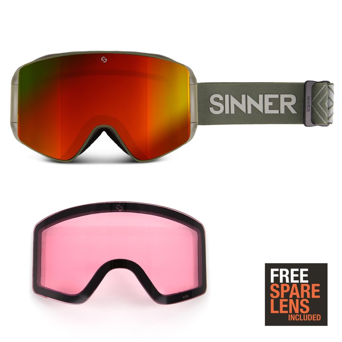 Sinner Aura skibril groen + extra roze S1 lens