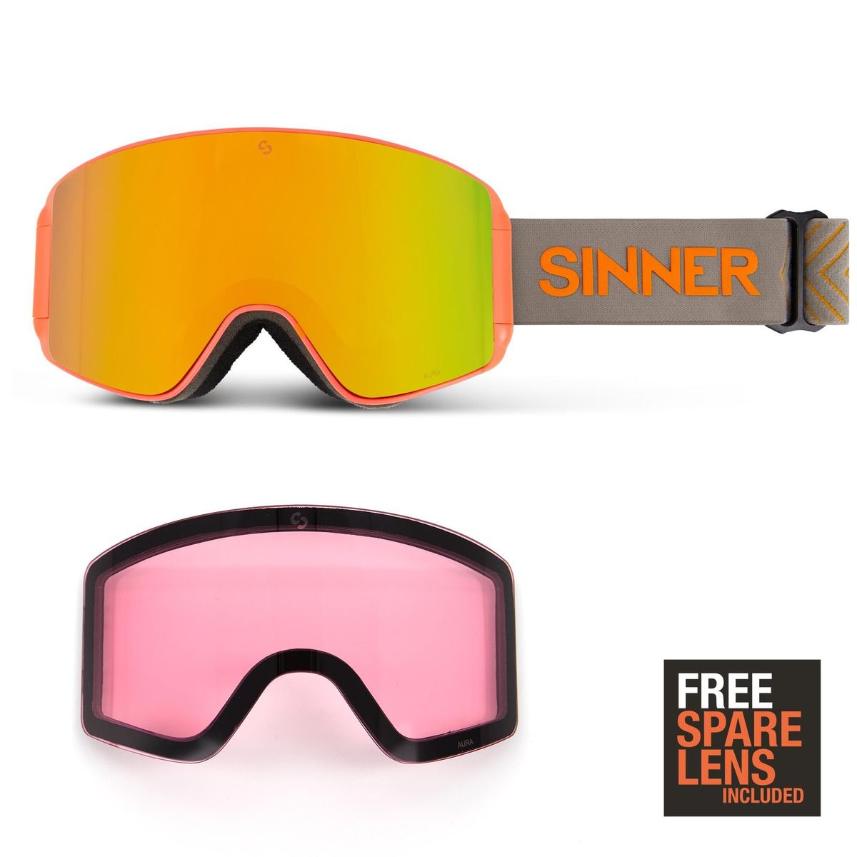 Sinner Aura skibril oranje + extra roze S1 lens