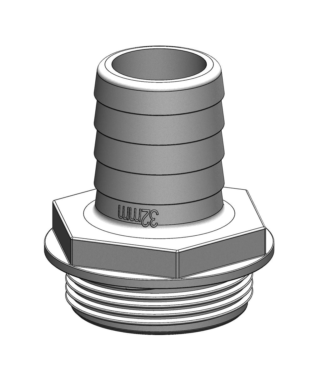 TruDesign Aquavalve 1 1/2 inch BSP buitendraad met 32 mm slangtule wit kunststof