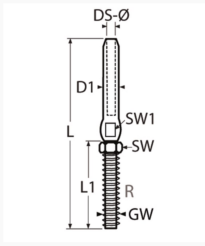 Marinetech 8307416/8 Studterminal met Moer Rechts M16x195 mm