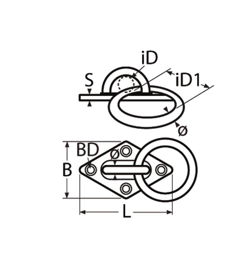 Marinetech Mastoog met ruitvormige grondplaat en ring 60x36 mm