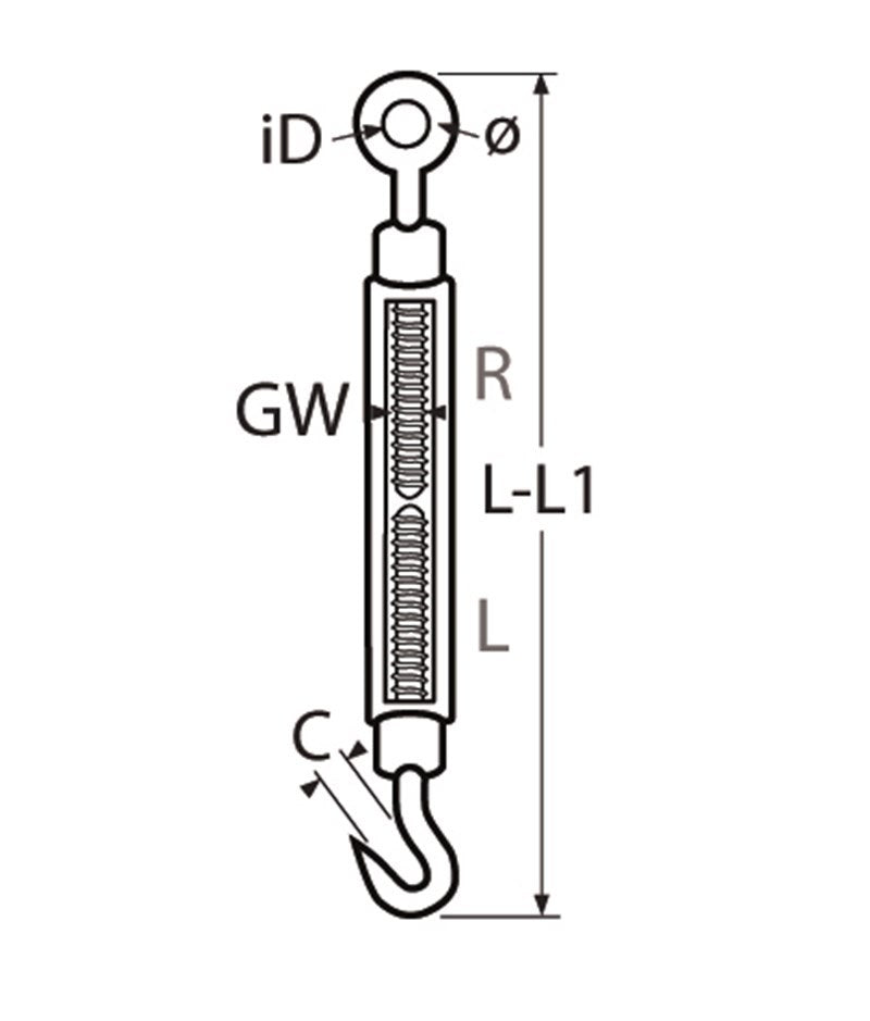 Marinetech Spanschroef M8 open Oog-Oog BL: 560 kg