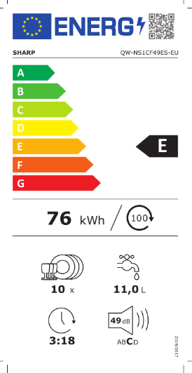 Sharp QWNS1CF49ESEU vrijstaande smalle 45 cm brede vaatwasser